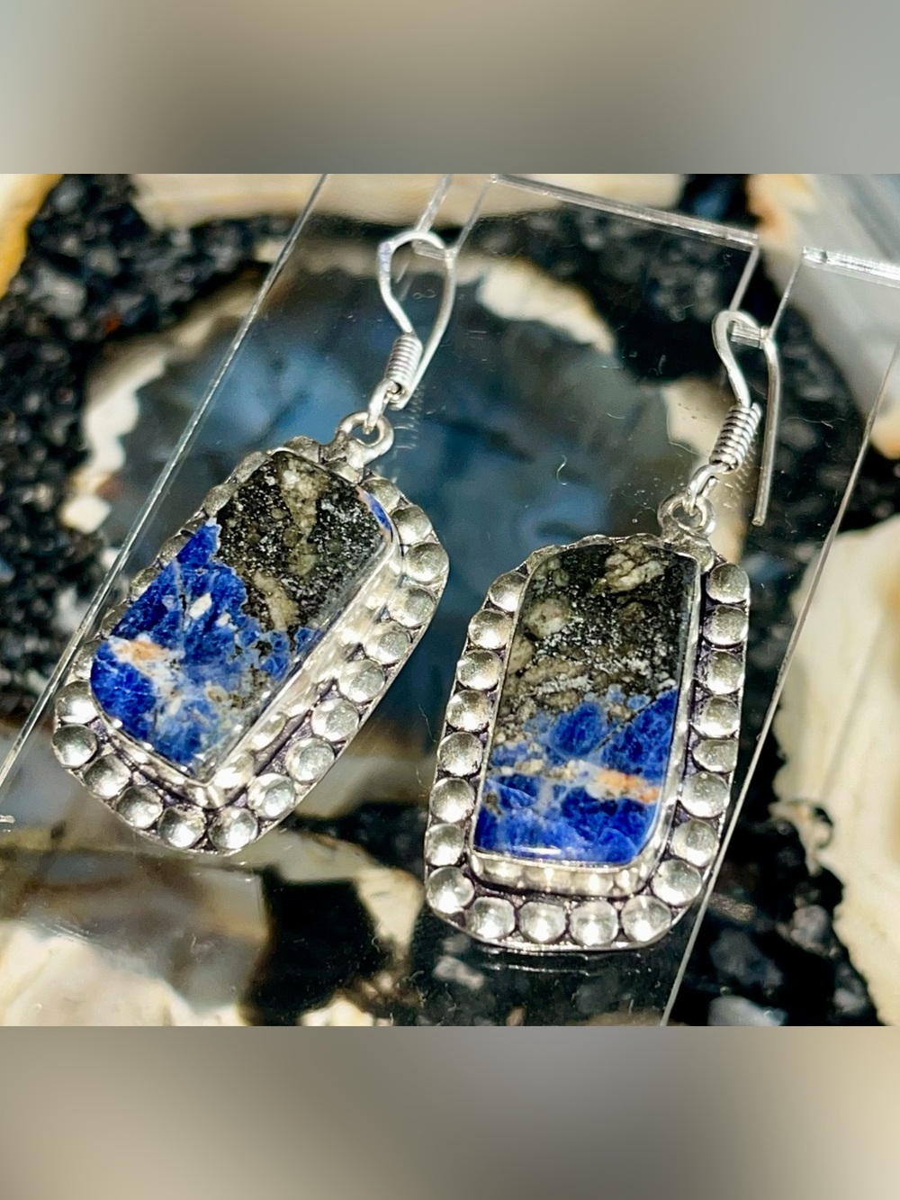Navy Sodalite with Pyrite Earrings 2” - Picture 8 of 15